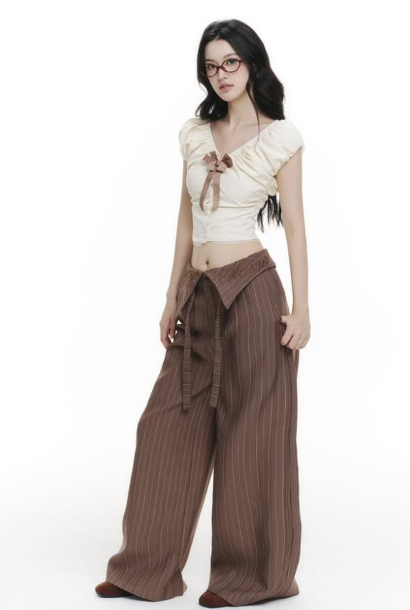 Fold Waist Striped Wide Trousers