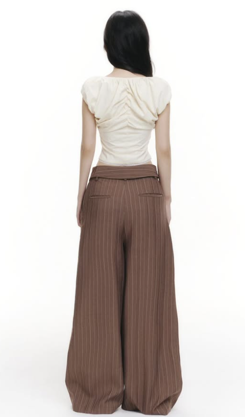 Fold Waist Striped Wide Trousers