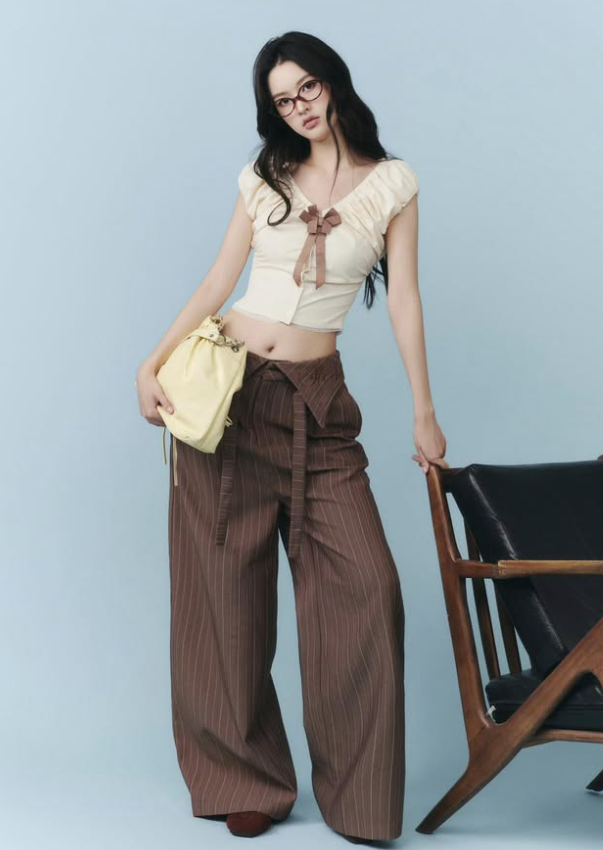 Fold Waist Striped Wide Trousers