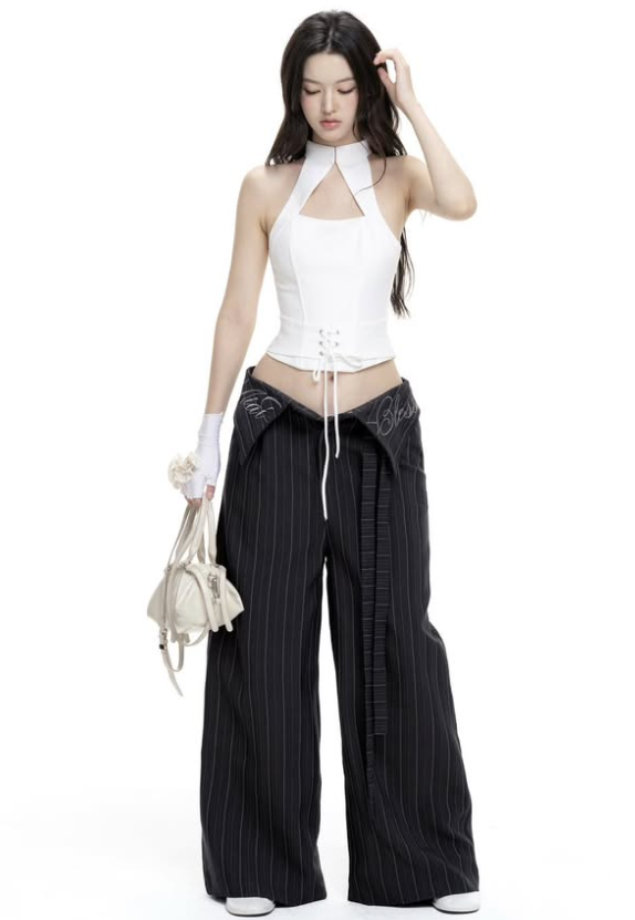 Fold Waist Striped Wide Trousers