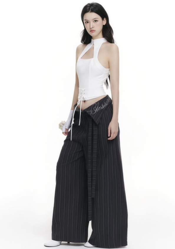 Fold Waist Striped Wide Trousers