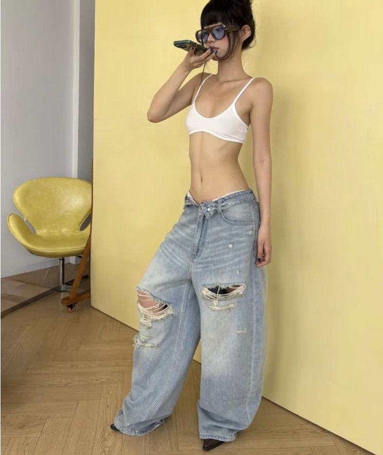 AWF Folded Waist Waxed Ripped Jeans