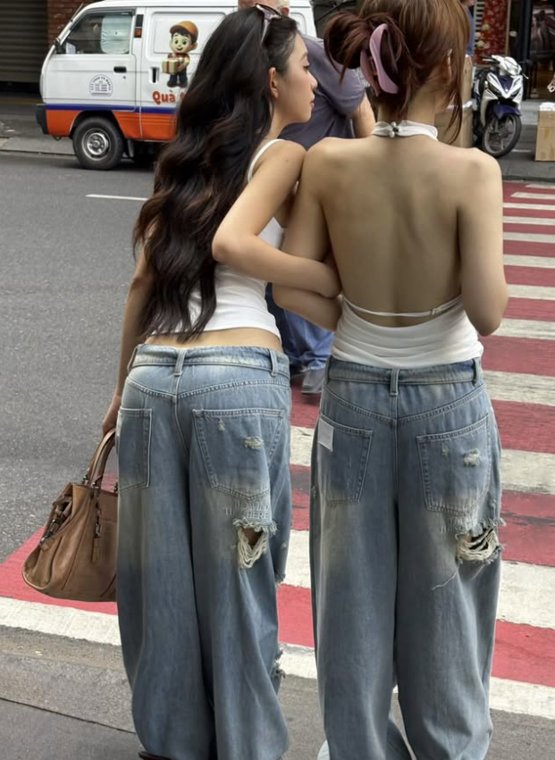AWF Folded Waist Waxed Ripped Jeans